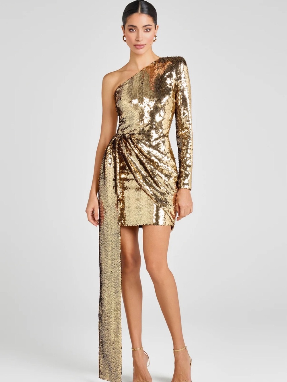 NADINE MERABI Gold One-Shoulder Sequin Mini Dress